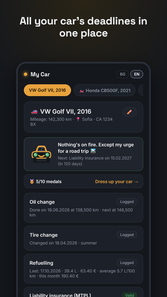 App screen: all the car’s deadlines in one place