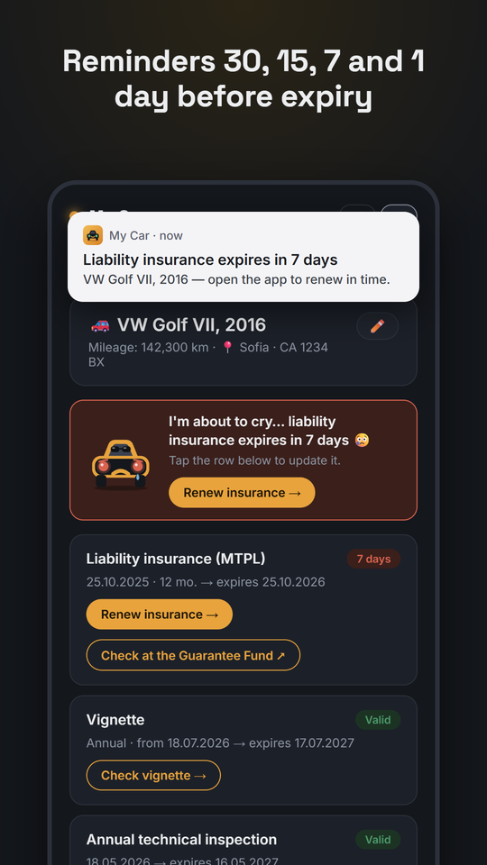 App screen: a reminder before the insurance expires